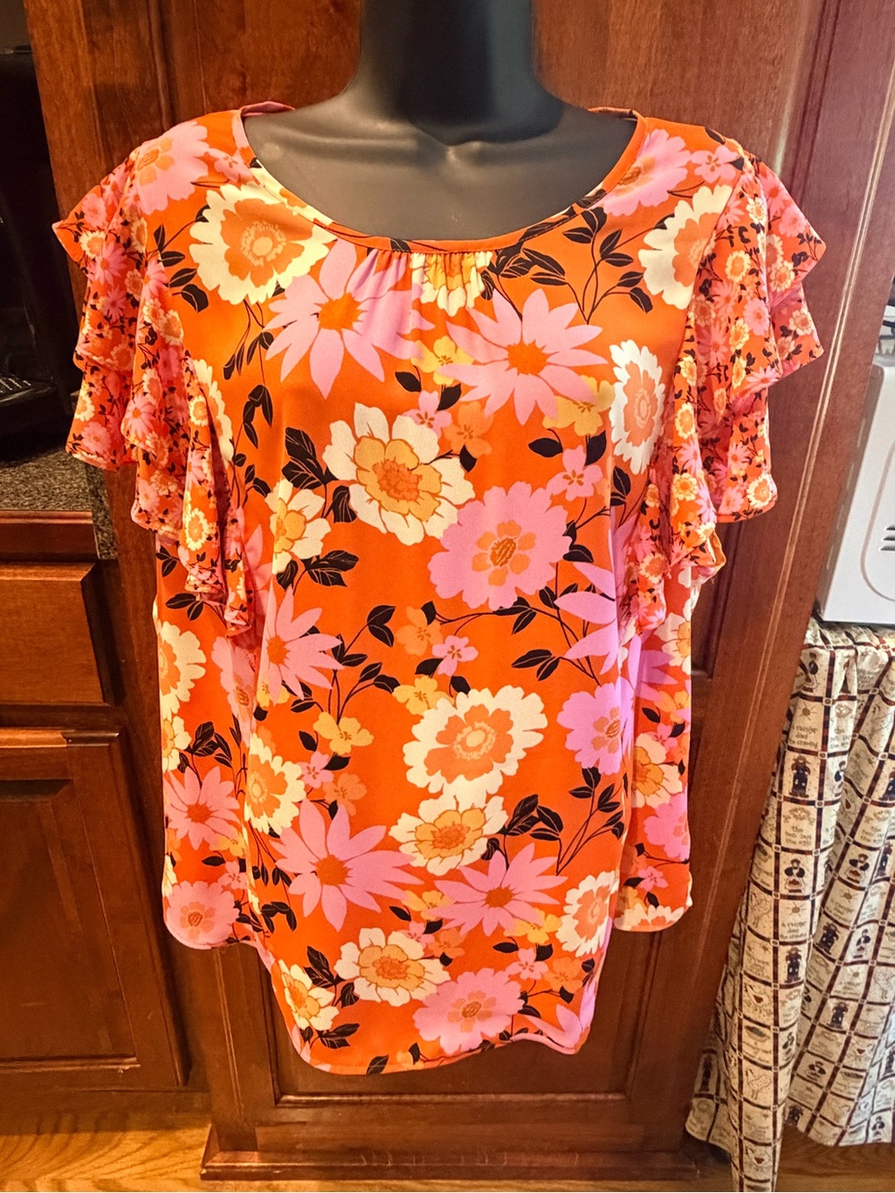 DR2 Orange Floral Ruffle Sleeve Blouse
